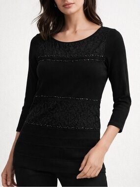 White House Black Market Blouse Women Small Black Lace 3/4 Sleeve Top